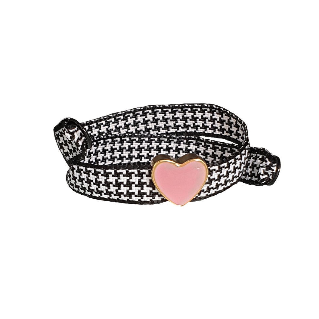 BRACCIALE PIED DE POULE CUORE SMALTO ROSA SU DORATO