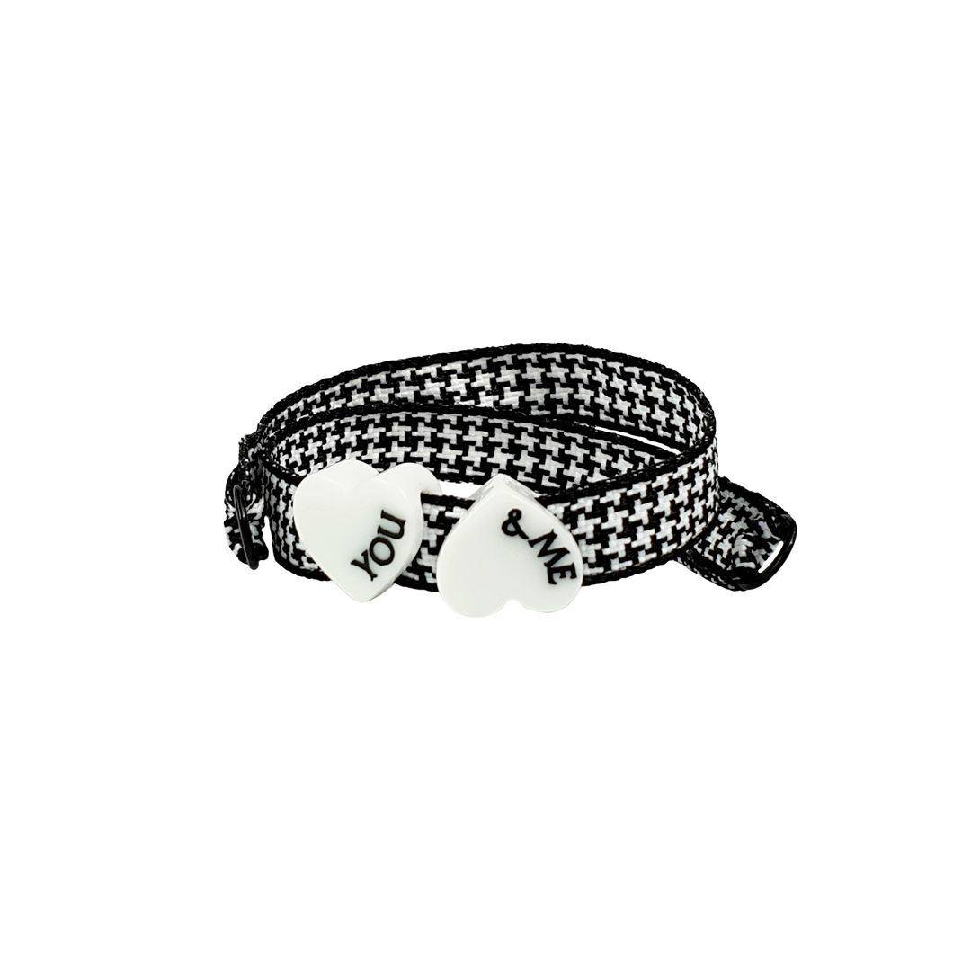 BRACCIALE PIED DE POULE DOPPIO CUORE BIANCO YOU&ME IN NERO